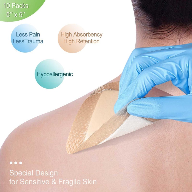 NeuHeils Silicone Super Absorbent Wound Dressing 5''x5'' 10 Packs, Self-Adhesive Waterproof Bandage with Ultrasorb Polymer Pad for Heavy Exudates Wound - Image 3