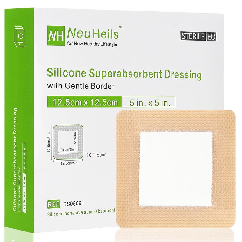 NeuHeils Silicone Super Absorbent Wound Dressing 5''x5'' 10 Packs, Self-Adhesive Waterproof Bandage with Ultrasorb Polymer Pad for Heavy Exudates Wound - Image 1