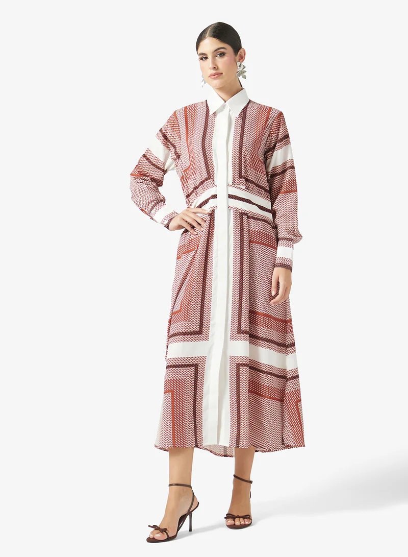 فايور Geometric Print Button-Down Maxi Shirt Dress