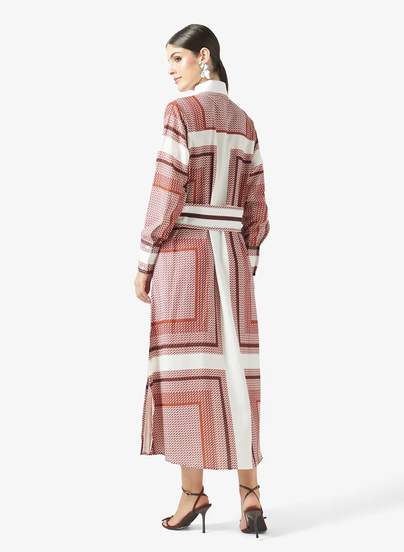 فايور Geometric Print Button-Down Maxi Shirt Dress