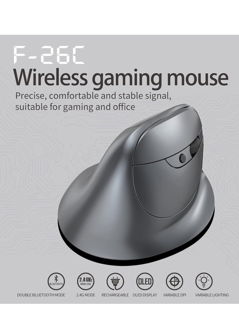 F-26C 2.4G Wireless Vertical Ergonomic Bluetooth Optical Mouse, 4 DPI Adjustment 1000/1600/2400/3200 7 Color Lights with LED Screen Display Suitable for Game Player PC Laptop, Grey