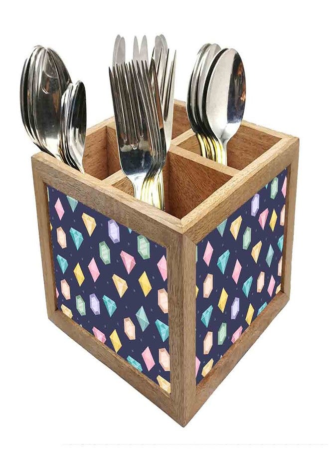 Nutcase Wooden Cutlery Stand Holder Silverware Caddy Spoons Forks Knives Organizer for Dining Table & Kitchen -Made in India-Spoons NOT Included - Colorful Diamonds - Image 1