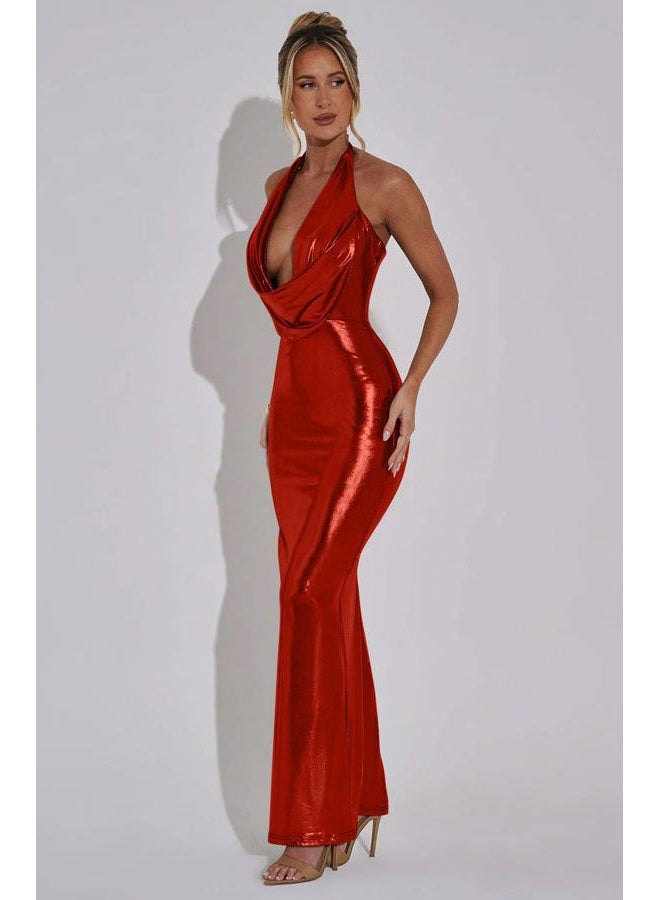 Memoriesea Women's Luxury Metallic Halter Neck Bodycon Party Evening Gown Maxi Dress, Red, S - Image 4