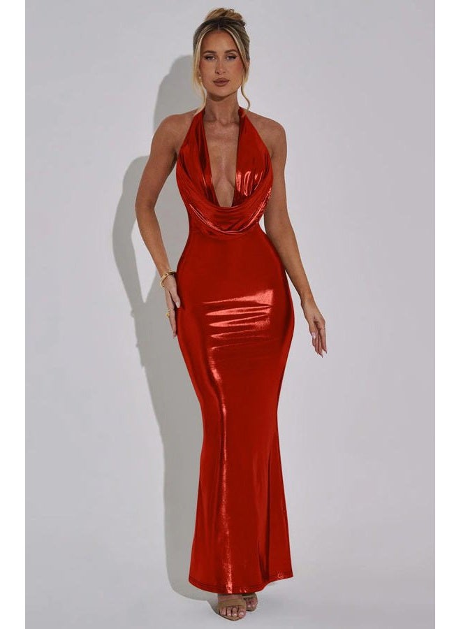 Memoriesea Women's Luxury Metallic Halter Neck Bodycon Party Evening Gown Maxi Dress, Red, S - Image 2