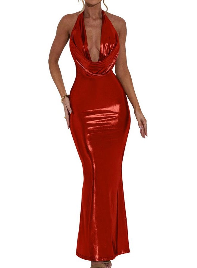 Memoriesea Women's Luxury Metallic Halter Neck Bodycon Party Evening Gown Maxi Dress, Red, S - Image 1
