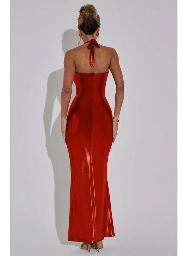 Memoriesea Women's Luxury Metallic Halter Neck Bodycon Party Evening Gown Maxi Dress, Red, S - Image 5