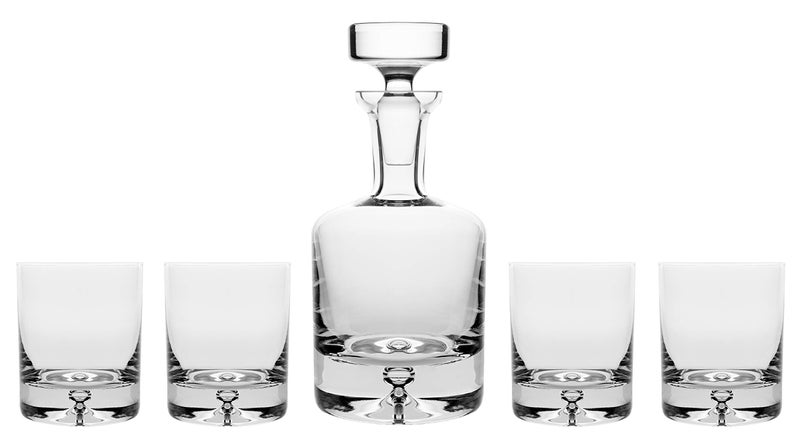 Whiskey Decanter And Tumbler 5 pc Set Glass with Bubble in Base Decanter 25 oz 4 Glass Double Old Fashioned Tumblers DOF Tumbler 95 oz Ounces Made in Europe by Barski