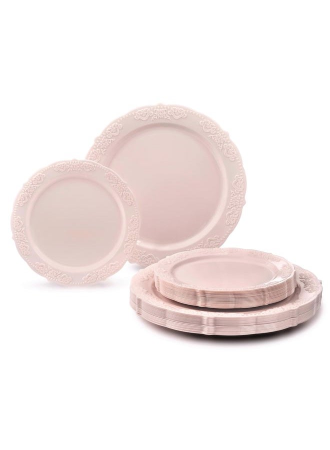 OCCASIONS FINEST PLASTIC TABLEWARE " " 50 Plates Pack (25 Guests) Vintage Wedding Party Disposable Plate Set -25x10.25'' Dinner +25x7.5'' Salad/Dessert plates (Portofino in Light Pink) - Image 1