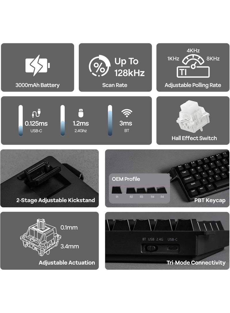 AULA MINI60 HE Standard Wireless Hall Effect Gaming Keyboard 60% 61-Key with Adjustable Actuation Rapid Trigger 0.01mm Sensitivity Tri-Mode Bluetooth 5.0 / 2.4GHz / USB-C RGB Backlit PBT Keycaps SOCD DKS Custom Keyboard for PC Mac - Image 4
