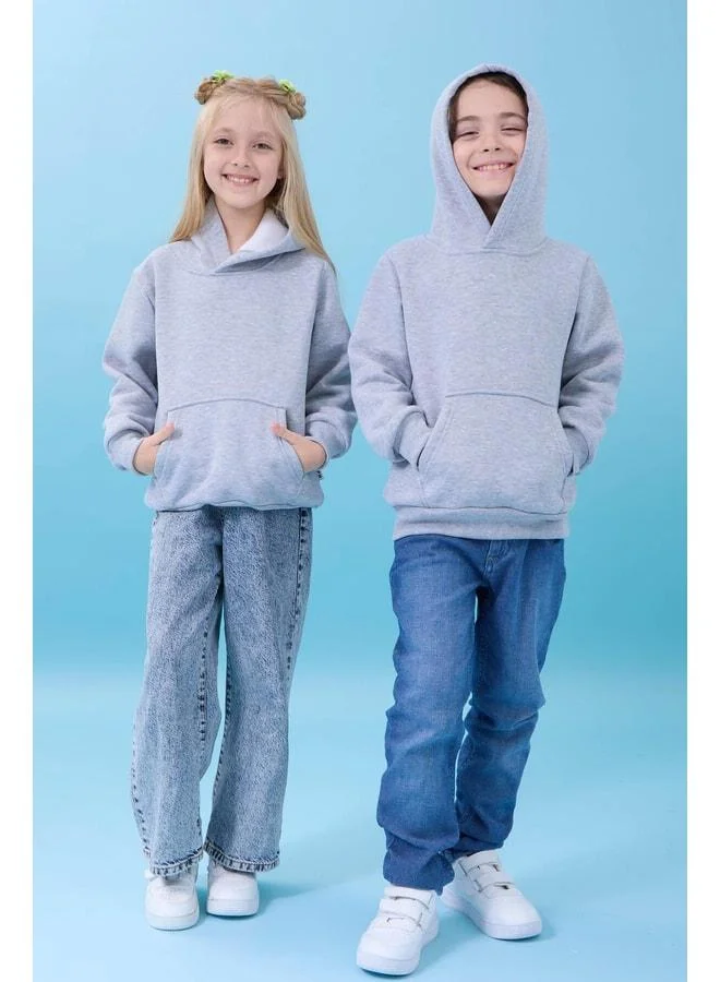 Perendi Unisex Hooded Kangaroo Pocket Ribbed Winter Sweatshirt - Gray.
