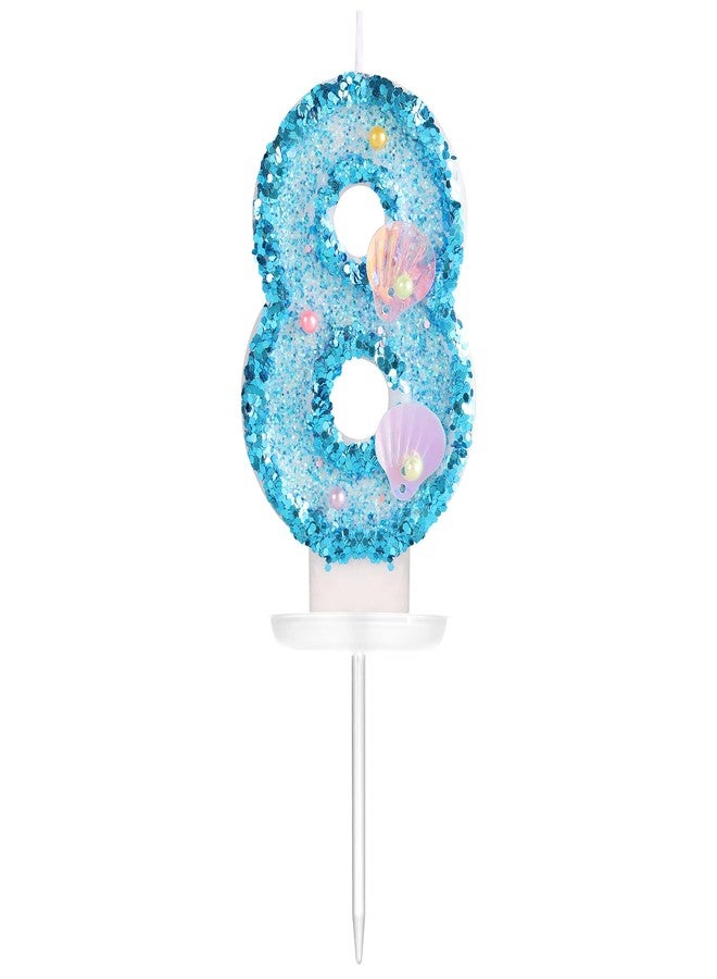 KINBOM 3 Inch Birthday Number Candles, Blue Glitter Cake Topper Shell Sequins Cake Numeral Candles for Birthday Anniversary Mermaid Themed Party (8) - Image 1