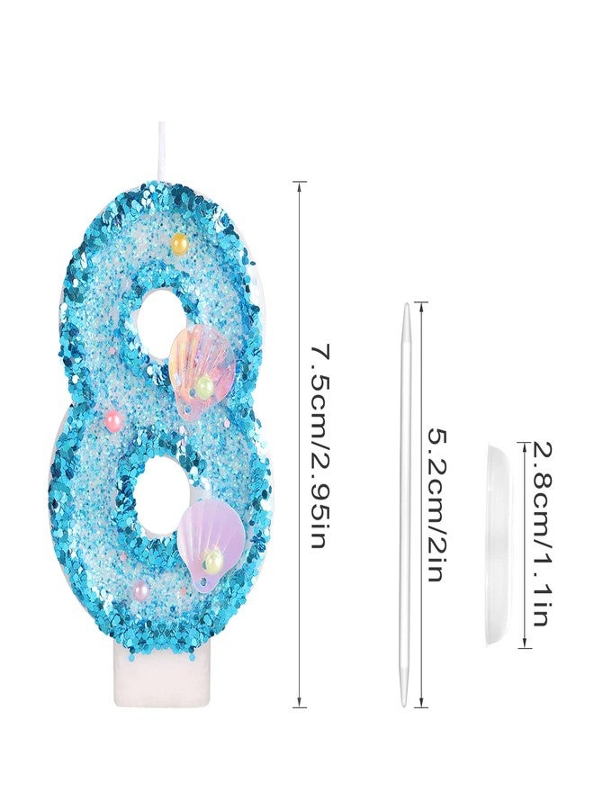KINBOM 3 Inch Birthday Number Candles, Blue Glitter Cake Topper Shell Sequins Cake Numeral Candles for Birthday Anniversary Mermaid Themed Party (8) - Image 2