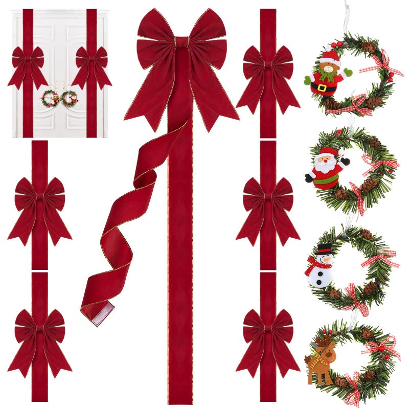 Ysleen 6 Pcs Festive Large Xmas Bows and 4 Pcs Pine Wreath with Snowman Santa Claus Artificial Christmas Front Door Wreath for Party Red and Gold - Image 2