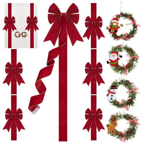 Ysleen 6 Pcs Festive Large Xmas Bows and 4 Pcs Pine Wreath with Snowman Santa Claus Artificial Christmas Front Door Wreath for Party Red and Gold - Image 1