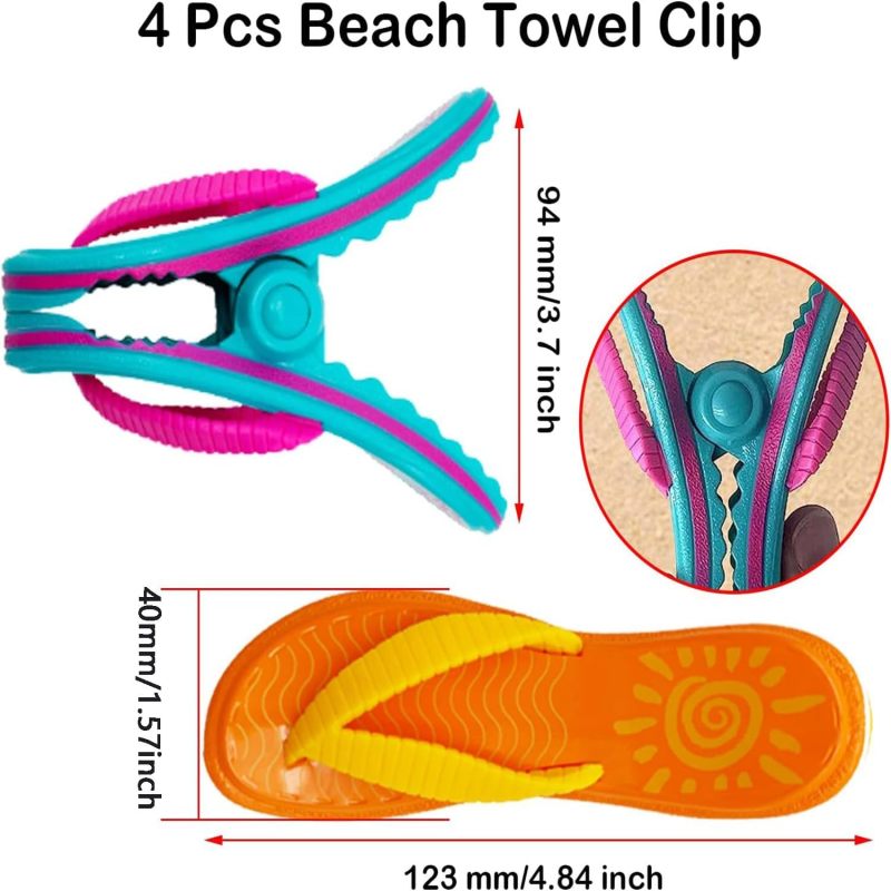 Beach Towel Clip: 4 Pcs 12.3 X 9.4 X 4 Cm Reinforced Plastic & 304 Stainless Steel Springs - Windproof Anti-Slip Slipper Design Lounge Chair Clip for Beach Pool Camping Yard Leisure - Image 2
