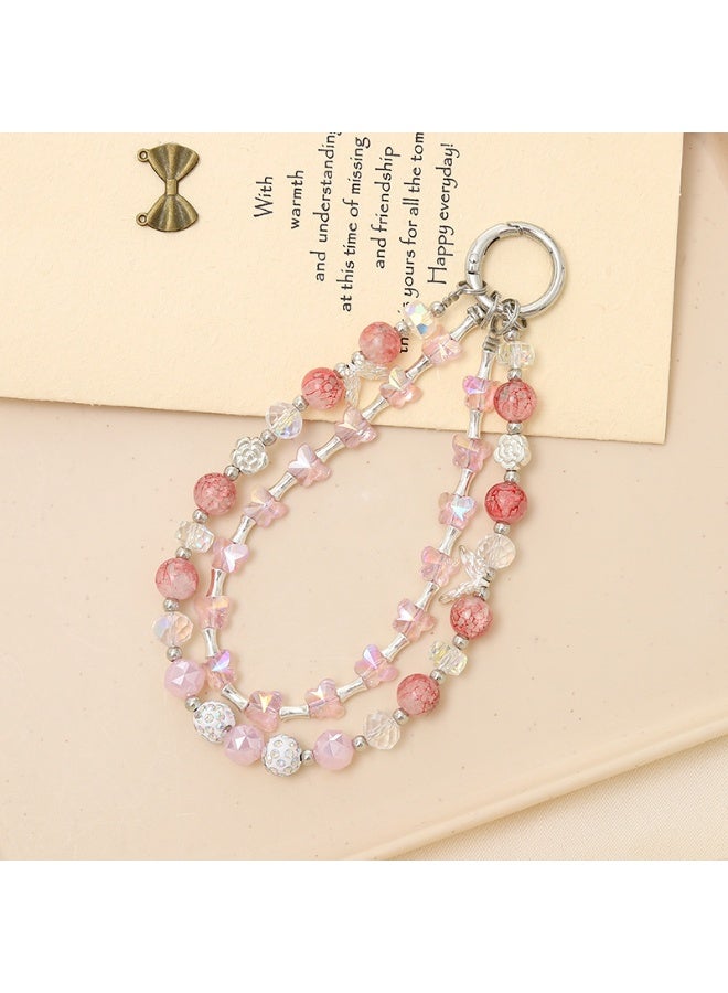 NIBEMINENT Beaded Phone Lanyard, Anti Lost Removable Wrist Strap, Crystal Butterfly Bracelet Pendant, Phone Keychain Lanyard,K3644/Pink