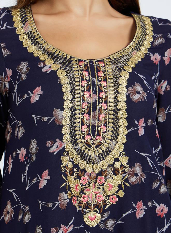 Maxim Creation Floral Print Jalabiya with Multicolor Threadwork - Image 4