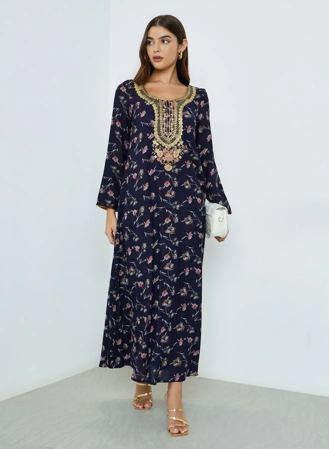 Maxim Creation Maxim Creation Floral Print Jalabiya with Multicolor Threadwork