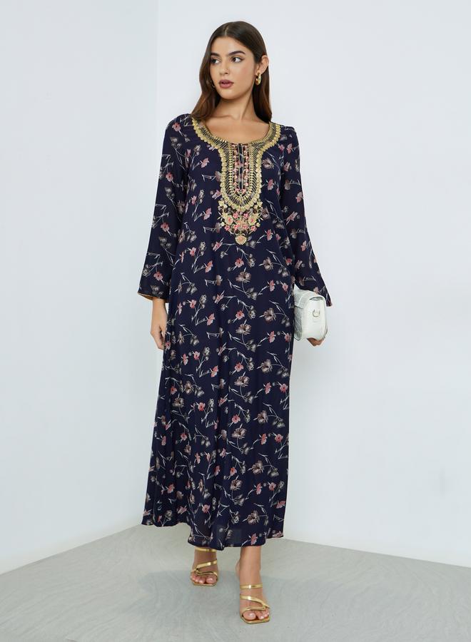 Maxim Creation Floral Print Jalabiya with Multicolor Threadwork - Image 1