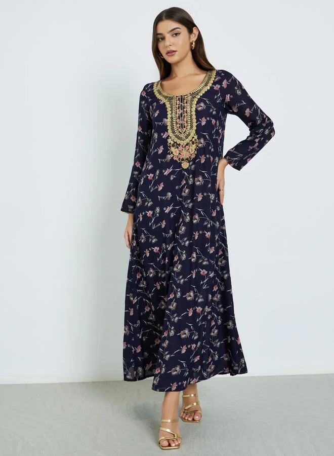 Maxim Creation Maxim Creation Floral Print Jalabiya with Multicolor Threadwork