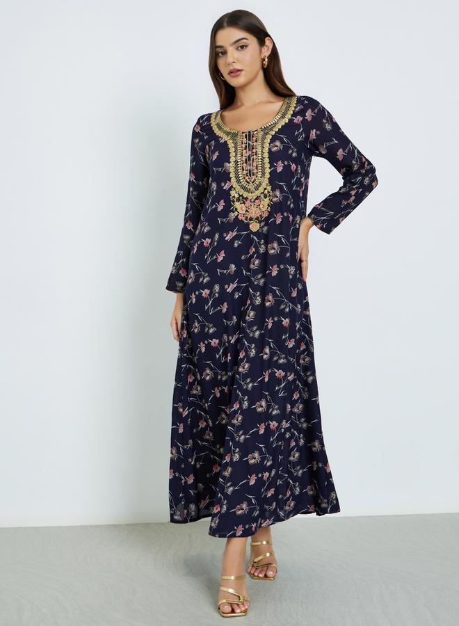 Maxim Creation Floral Print Jalabiya with Multicolor Threadwork - Image 2