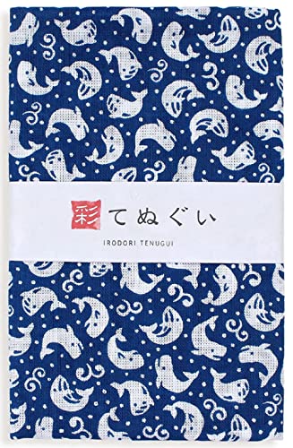 KOMESICHI irodori Japanese Traditional Towel Tenugui Whale 12.99 x 34.64 in with Tenugui Iroha (English Manual) - Image 1