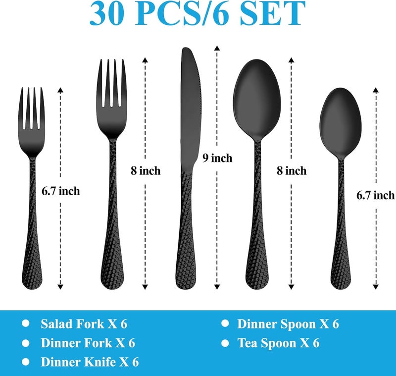 MUTNITT 30 Pcs Black Hammered Silverware Set Service for 6Stainless Steel Flatware SetMirror Polished Cutlery Utensil SetDurable Kitchen Eating Tableware SetInclude Fork Knife Spoon SetDishwasher Safe - Image 2