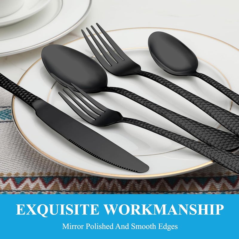 MUTNITT 30 Pcs Black Hammered Silverware Set Service for 6Stainless Steel Flatware SetMirror Polished Cutlery Utensil SetDurable Kitchen Eating Tableware SetInclude Fork Knife Spoon SetDishwasher Safe - Image 4