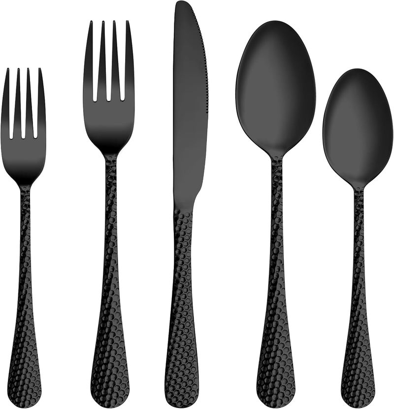MUTNITT 30 Pcs Black Hammered Silverware Set Service for 6Stainless Steel Flatware SetMirror Polished Cutlery Utensil SetDurable Kitchen Eating Tableware SetInclude Fork Knife Spoon SetDishwasher Safe - Image 1
