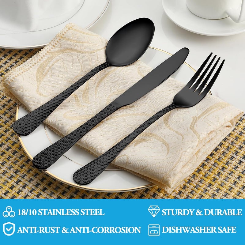 MUTNITT 30 Pcs Black Hammered Silverware Set Service for 6Stainless Steel Flatware SetMirror Polished Cutlery Utensil SetDurable Kitchen Eating Tableware SetInclude Fork Knife Spoon SetDishwasher Safe - Image 3