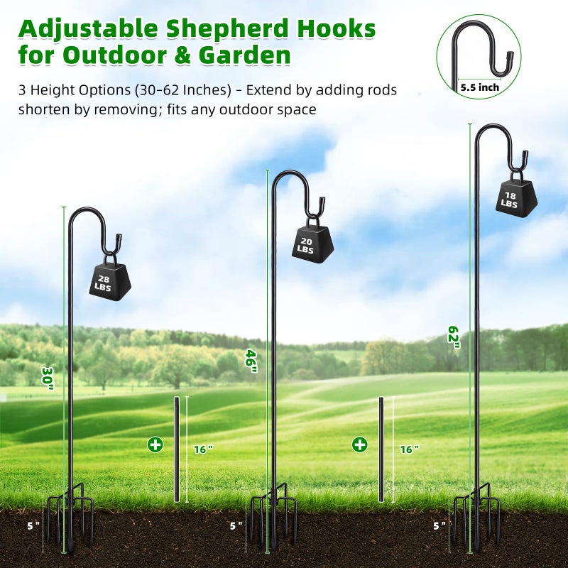 COCONUT 62" Heavy Duty Shepherds Hooks for Outdoor, Bird Feeder Pole with 5 Prong Base, Adjustable Height Shepherds Hook for Hummingbird Feeder, Bird Feeder, Plant, Wind Chimes, Lanterns (1 Pack) - Image 3