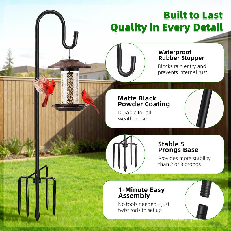 COCONUT 62" Heavy Duty Shepherds Hooks for Outdoor, Bird Feeder Pole with 5 Prong Base, Adjustable Height Shepherds Hook for Hummingbird Feeder, Bird Feeder, Plant, Wind Chimes, Lanterns (1 Pack) - Image 2