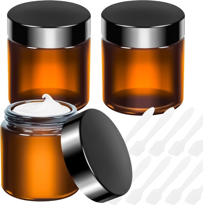 3PACK 4OZ GLASS JARS WITH LIDS, SMALL GLASS CONTAINERS WITH LIDS AND INNER LINERS, 120ML GLASS JARS TRAVEL TOILETRIES WITH SPATULAS FOR COSMETIC MAKEUP SLIME SAMPLE LIP BALM CREAM LOTION