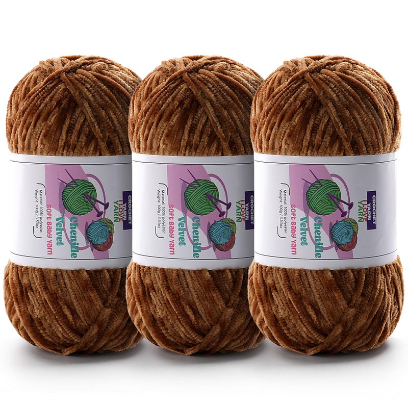 DAERBOF 3 Skeins Soft Fluffy Velvet Yarn Chenille Chunky Yarn for Hand Knitting and Crocheting DIY Craft Amigurumi Crochet Yarns31968yds 335oz Dark Brown - Image 3