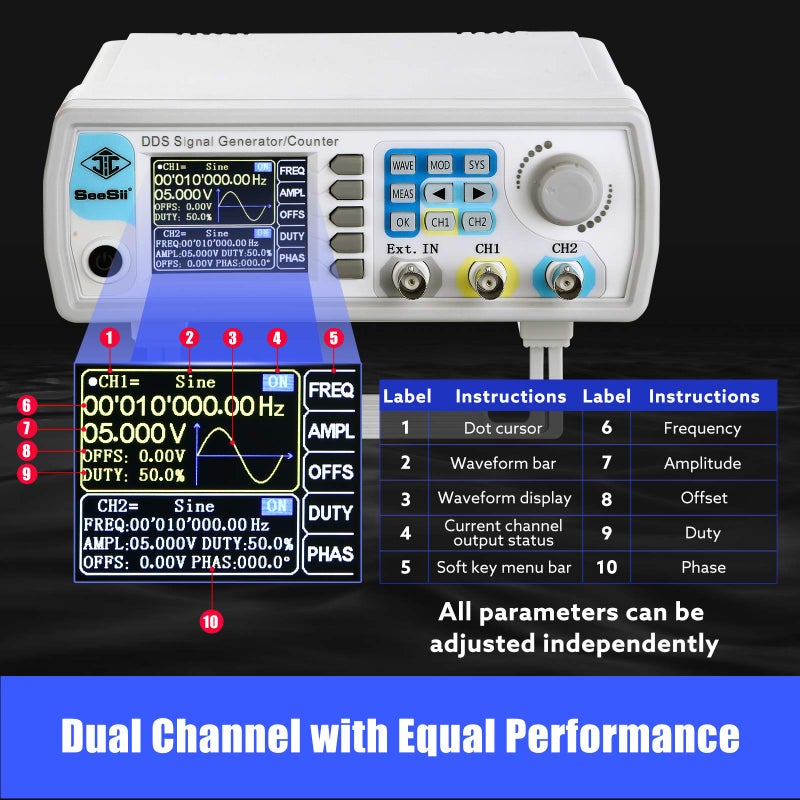 Seesii Professional Upgraded DDS Signal Generator Counter, Seesii 60MHz LCD Display High Precision 200MSa/s Dual-Channel Arbitray Waveform Function Generator Frequency Meter - Image 2