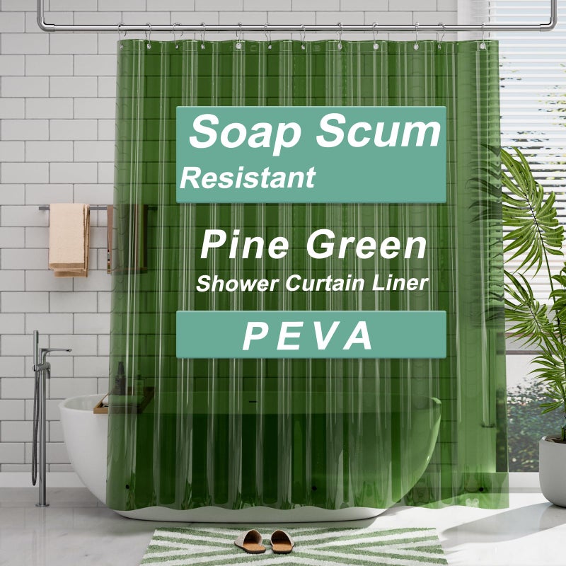 AmazerBath Shower Curtain Liner, 72x72 Transparent Pine Green Shower Liner, Lightweight Plastic Shower Curtain Liners, Waterproof Shower Liner for Bathroom with 3 Magnets and 12 Grommet Holes - Image 1