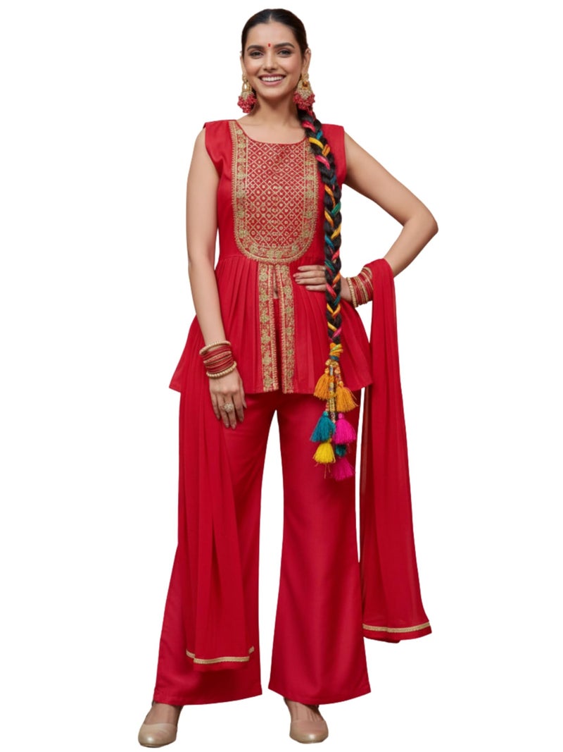 EthnicJunction Women's Cotton Silk Yoke Embroidery A-line Sleeveless Kurta Palazzo With Dupatta Set - Image 1