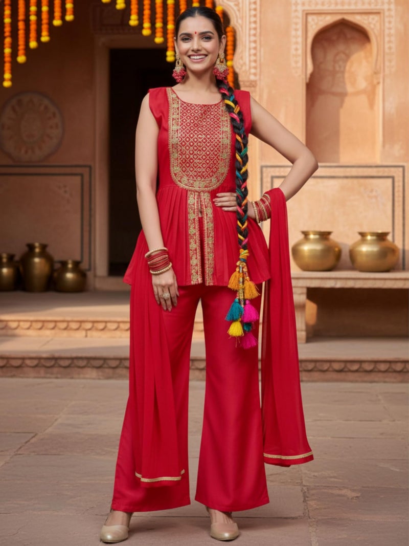 EthnicJunction Women's Cotton Silk Yoke Embroidery A-line Sleeveless Kurta Palazzo With Dupatta Set - Image 2