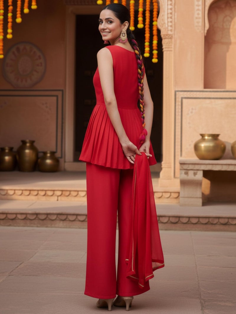 EthnicJunction Women's Cotton Silk Yoke Embroidery A-line Sleeveless Kurta Palazzo With Dupatta Set - Image 5