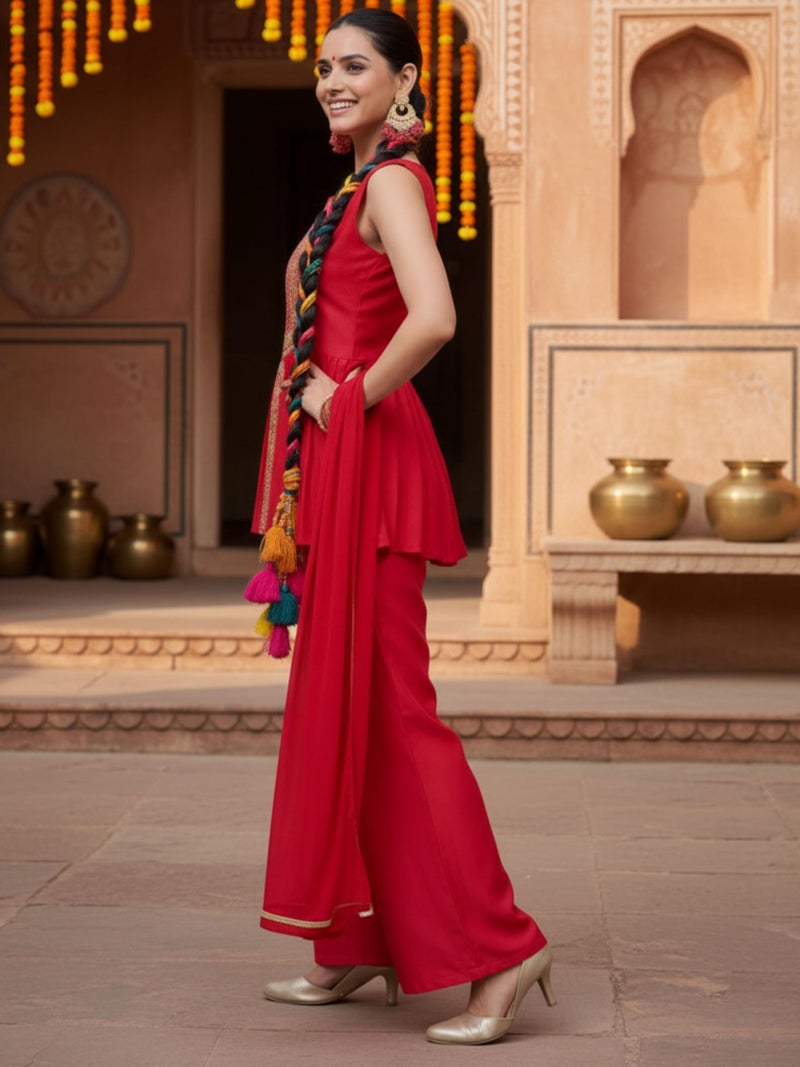 EthnicJunction Women's Cotton Silk Yoke Embroidery A-line Sleeveless Kurta Palazzo With Dupatta Set - Image 3