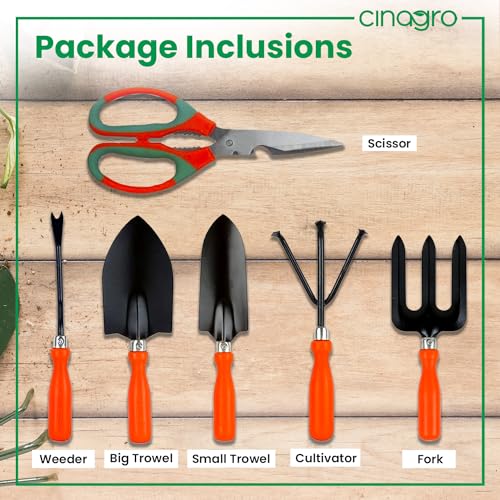 Cinagro Garden Tools Kit (Set of 6) Weeder, 2 Trowels, Hand Fork, Cultivator, Gardening Scissor | Gardening Tools Kit for Home Garden, Indoor and Outdoor Gardening for Plants and Soil - Image 2