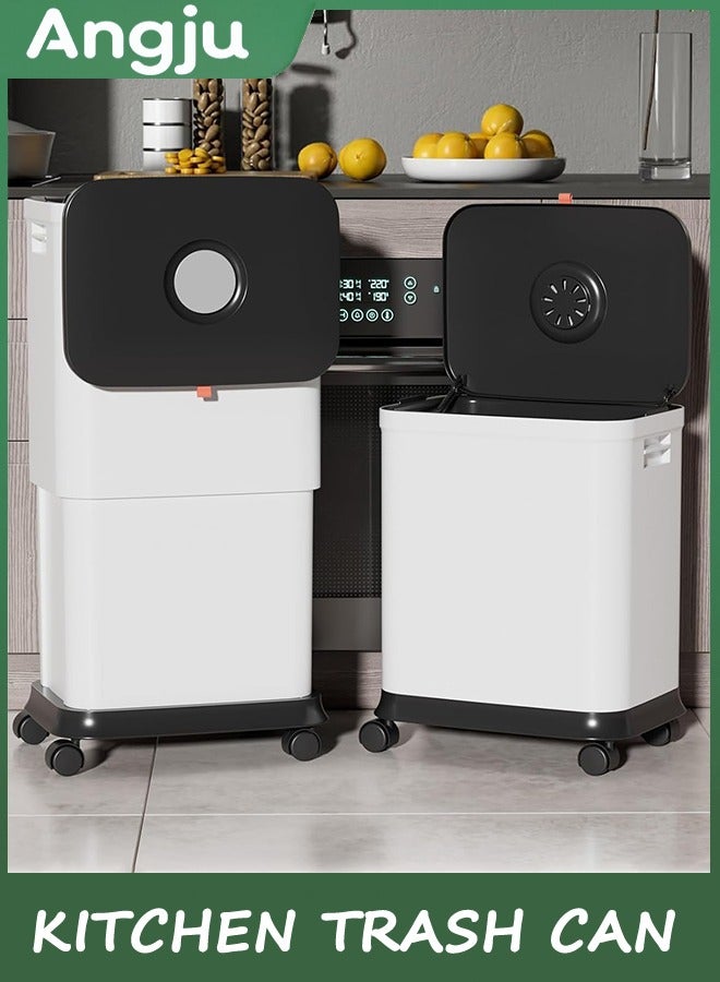 انججو علبة القمامة المطبخ مع عجلات ، سعة قابلة للتعديل 20L إلى 45L سلة القمامة المتداولة ، علبة القمامة البلاستيكية الضيقة والارتفاع مع الغطاء ، علبة القمامة الكلب دليل الحمام ، المطبخ ، غرفة النوم ، المكتب - Image 1