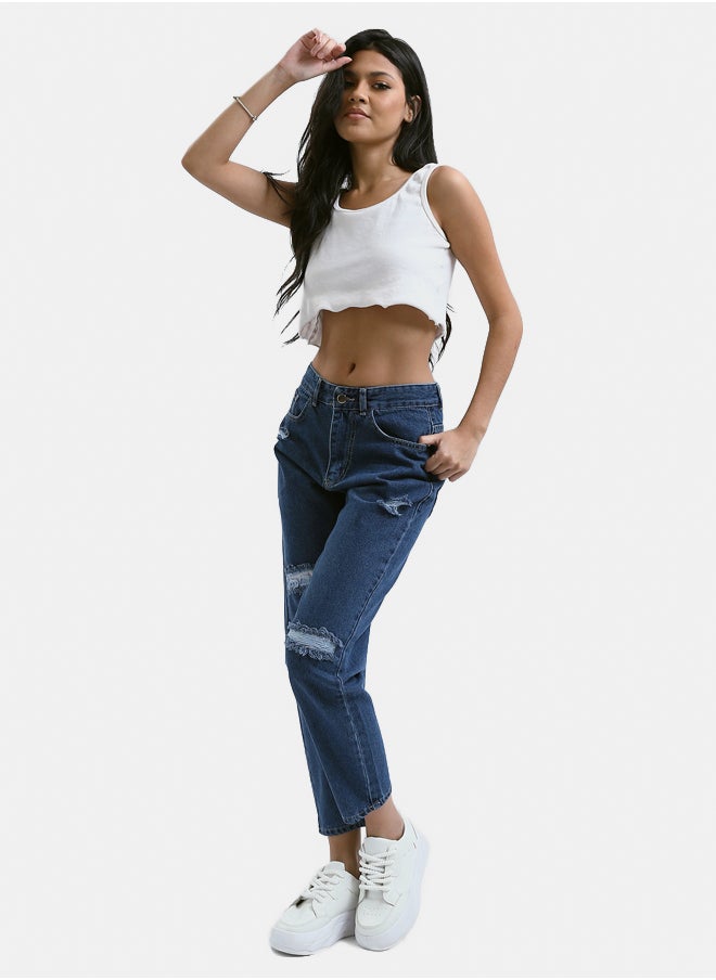 RAVIN - Front Ripped Mom-Fit Standard Blue Jeans - Image 1