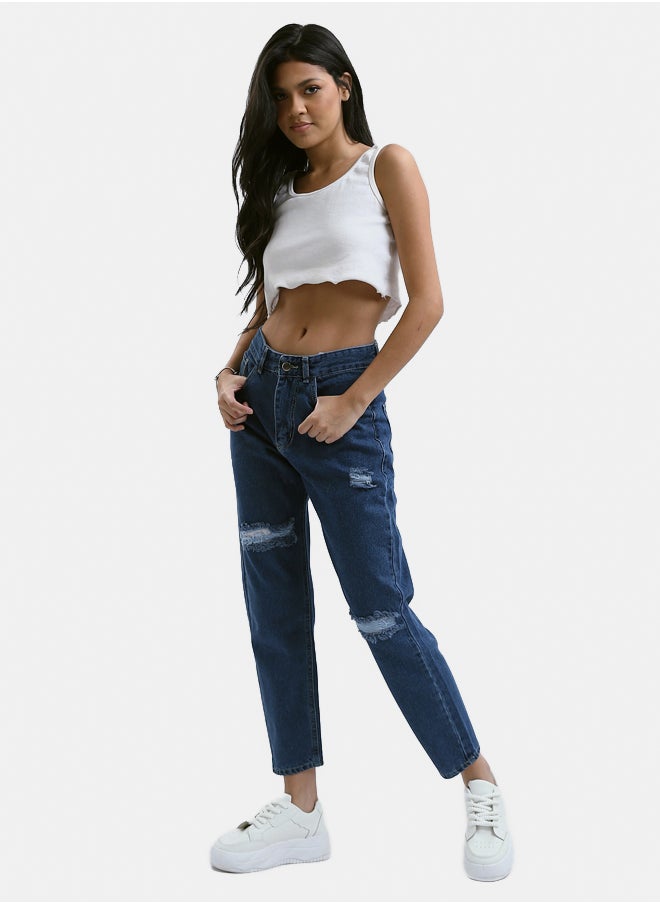 RAVIN Front Ripped Mom-Fit Standard Blue Jeans  - Image 5