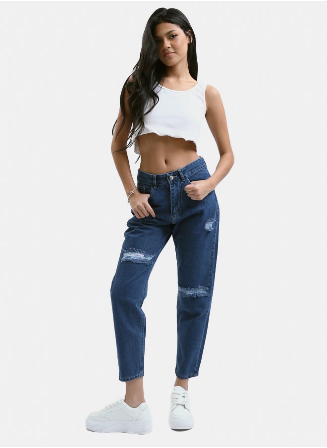 RAVIN - Front Ripped Mom-Fit Standard Blue Jeans - Image 1