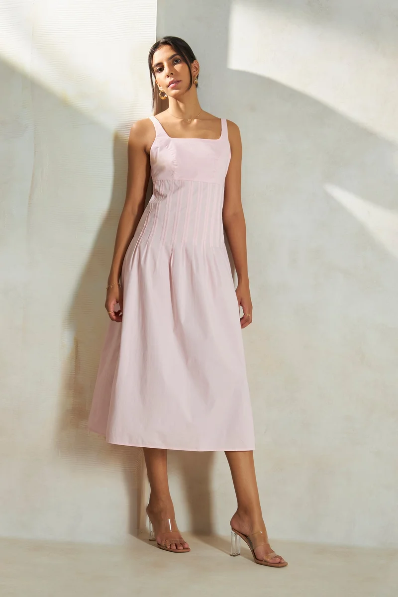 فيرجيو Solid Cotton Pin Tuck Detail Midi Dress for Women