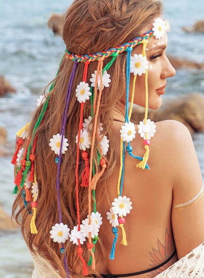 GENBREE Boho Daisy Headband Rainbow Braided Headpiece Summer Beach Tassel Hairband Floral Hippie Hair Accessories for Women and Girls (Multi-colored)  - Image 1