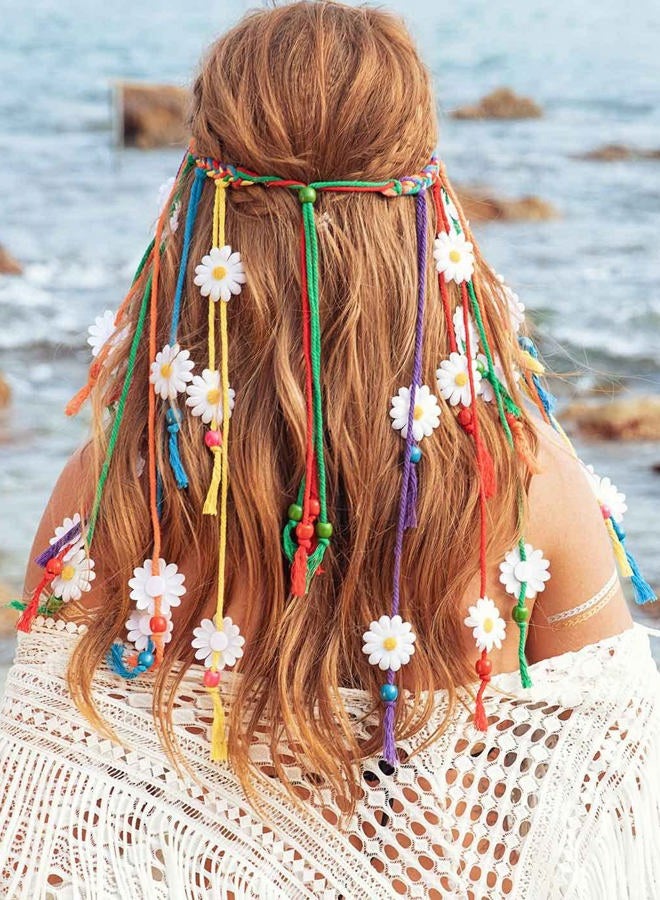 GENBREE Boho Daisy Headband Rainbow Braided Headpiece Summer Beach Tassel Hairband Floral Hippie Hair Accessories for Women and Girls (Multi-colored)  - Image 3