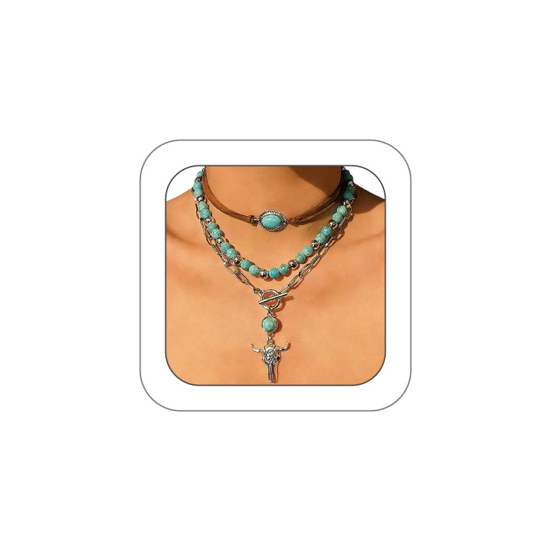 GIGB PBDK Boho Western Necklaces for Women,Turquoise Beaded Layered Necklaces Vintage Cow Cactus Pendant Choker Necklace Set,Cowgirl Jewelry Accessories Gifts (Cow) - Image 1