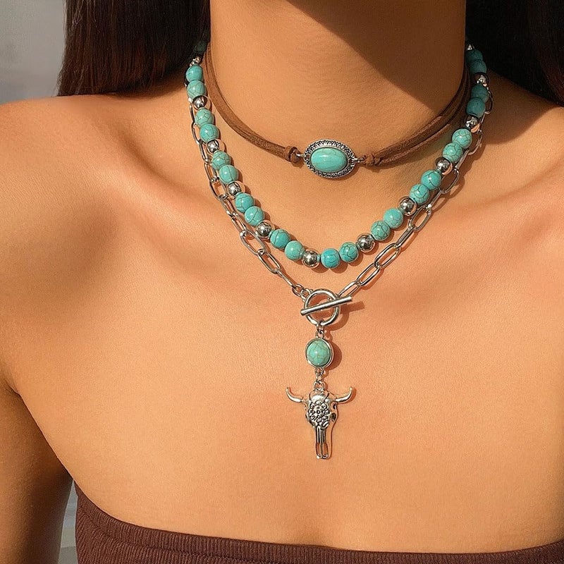 GIGB PBDK Boho Western Necklaces for Women,Turquoise Beaded Layered Necklaces Vintage Cow Cactus Pendant Choker Necklace Set,Cowgirl Jewelry Accessories Gifts (Cow) - Image 4